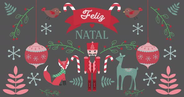 Animation of Felig Natal words with animals on Christmas decorations background