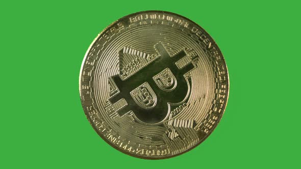 bitcoin coin that rotates irregularly around its own axis with a green background so it can be bette
