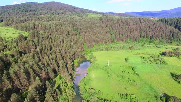 Aerial view of Jesenica river and surrounding in Croatian region Lika.