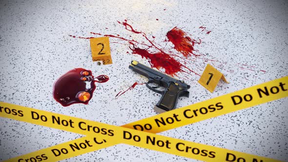 Criminal Scene And Gun Bloody Pool With Do Not Cross Sign