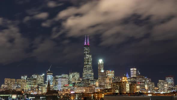 Chicago Night Time Lapse of Skyline with Christmas Lights
