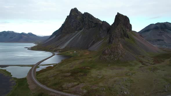 Drone Over Landscape With Estrahorn Mountain And Coastline