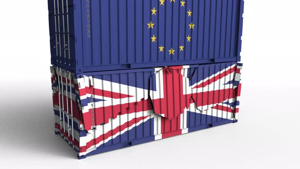 Container with Flag of EU Breaks Container with Flag of UK