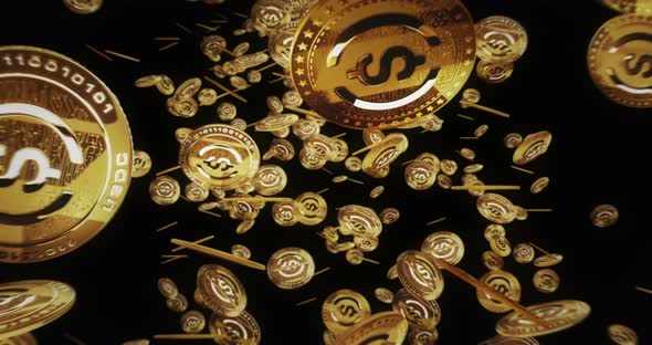 USDC USD Coin stablecoin cryptocurrency flying between golden coins loop