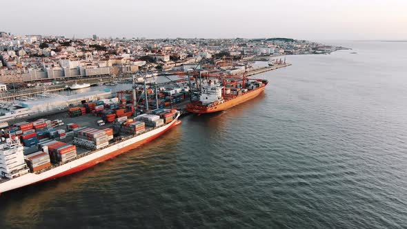 Aerial View of Large Ships Moored To Cargo Port for Loading alt