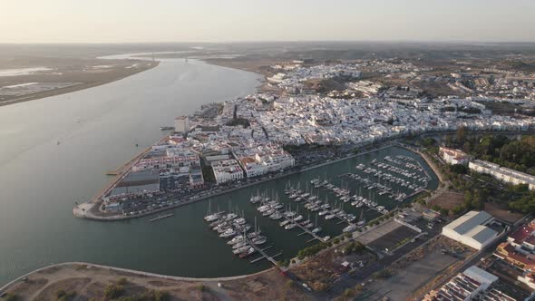 Aerial panorama view over Ayamonte town riverside and Marina, Huelva - Spain