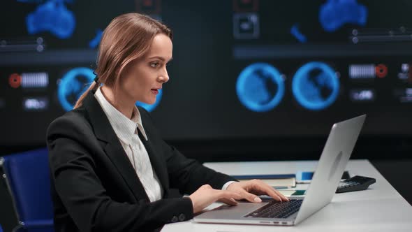 Happy Business Woman Chatting Surfing Internet on Laptop Hi Tech Office