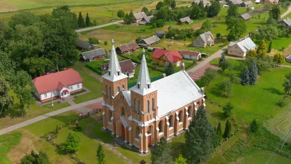aerial drone View of Rural Villages and old churches in Europe. 4k Video