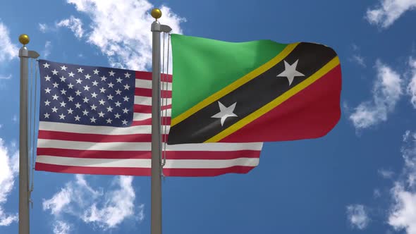 Usa Flag Vs Saint Kitts And Nevis Flag On Flagpole