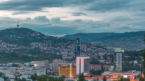 City panorama from Old Jewish cemetery day to night timelapse in Sarajevo