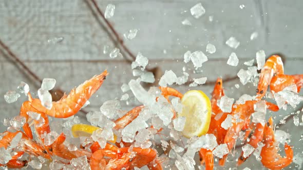 Super Slow Motion Shot of Flying Fresh Prawns with Crushed Ice and Lemon Slices at 1000 Fps.