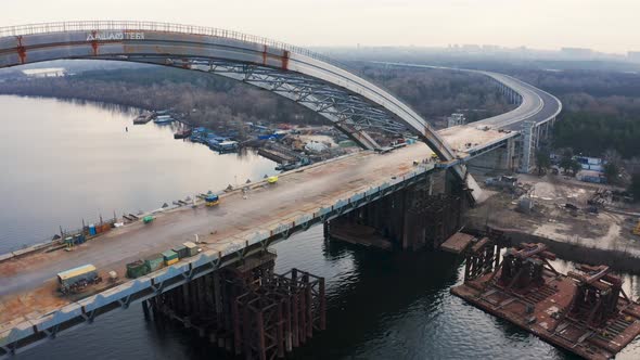 Aerial View of Podilsko-Voskresensky Bridge. Bridge Is Under Construction. Podilskyi Metro Bridge