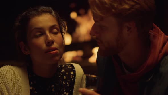 Young Couple Drink Wine Glass in Holiday House Closeup