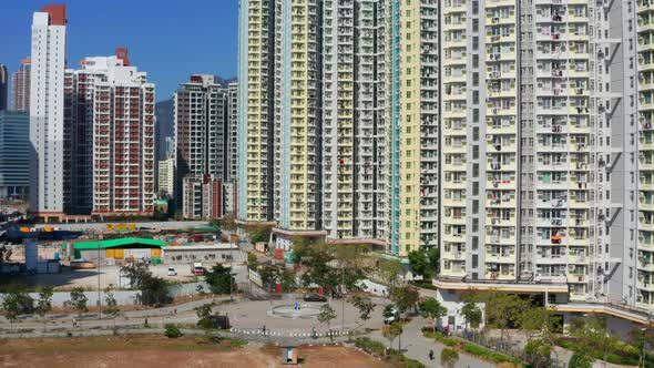 Drone fly over Hong Kong city