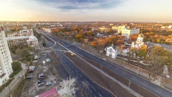 Aerial Vivid Colorful Sunset View with Road Traffic Skyscape Timelapse