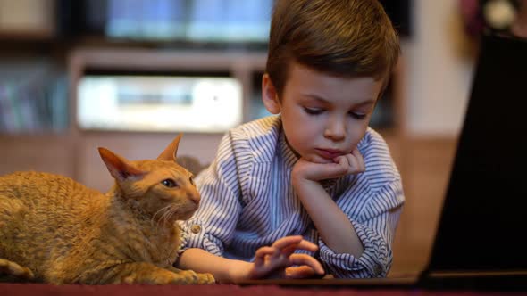 Funny Child with Kitten Using a Laptop at Home.