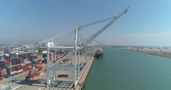 Aerial view of container ships and lifting cranes in the Port of Oakland California