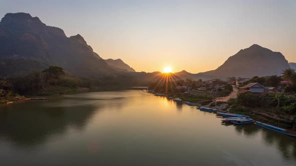 4K Time lapse Aerial view of Nong Khiaw village at sunset, Laotian, Luang Prabang, Laos