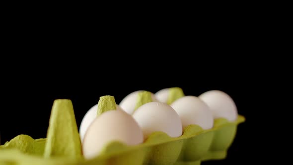 Green Tray with White Chicken Eggs Whirl on Black Background