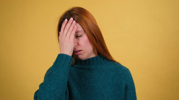 Young Red Hair Woman Posing Isolated on Yellow Color Background Studio