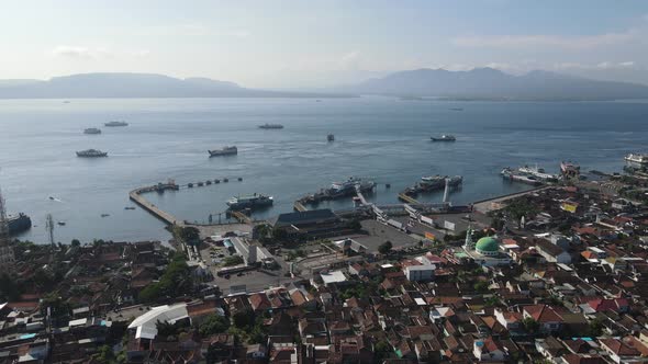 Aerial view of Port in Banyuwangi Indonesia with ferry in Bali Ocean