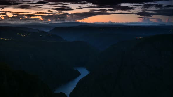 Nightfall over River Sil Canyon, Galicia Spain. Timelapse