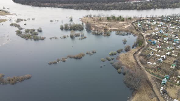 Spring Flood Panorama of the Flooded Coast Near the Houses Aerial View