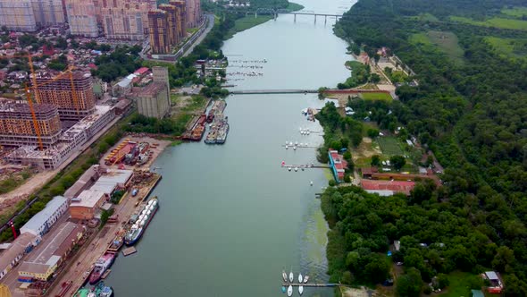 a Large River on the Background of the City is an Aerial View