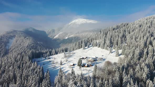 Aerial view on the mountains and forest in the winter time. Natural winter landscape from air.