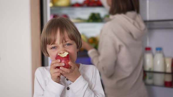 Portrait of Boy Holding Apple in His Hands Eating Juicy Fruit in Kitchen at Home