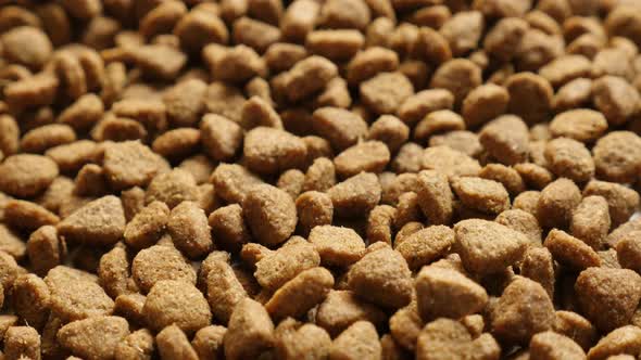 Pile of cat or dog pellet meal close-up 4K 2160p 30fps UltraHD tilting footage - Brown pet dry food 