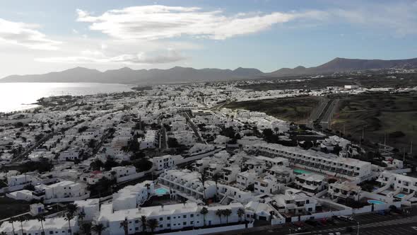 Aerial drone footage of the beautiful Lanzarote hotels and homes