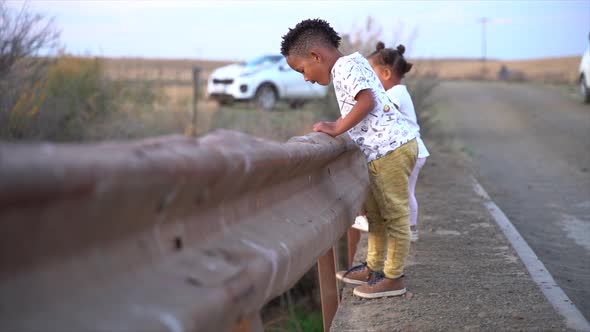 Small South African boy and girl standing on a low bridge in a winter landscape at dusk swinging the