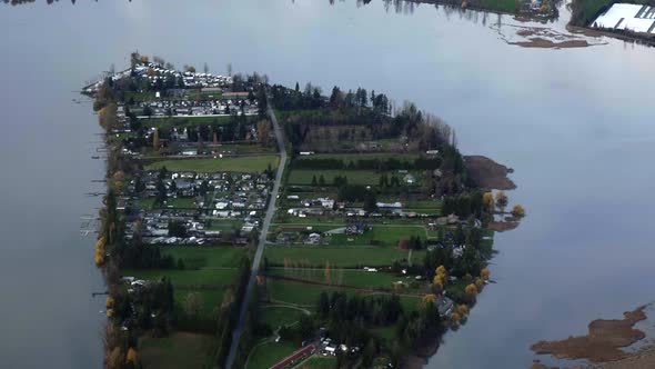 Aerial View Municipal Area in Swollen Lake, Canadian West Coast Flood