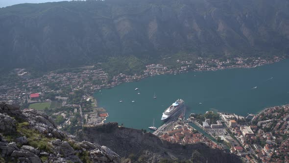 Aerial View of the Bay Cruise Ship and the Coast of the Town of Kotor