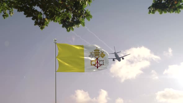 Vatican City Holy See Flag With Airplane And City  -3D rendering