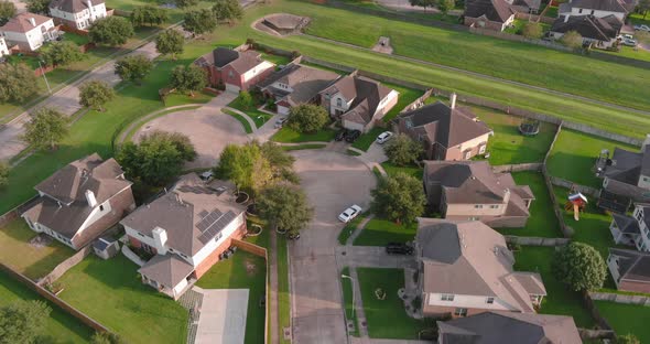 Aerial of middle class suburban neighborhood just outside of Houston, Texas