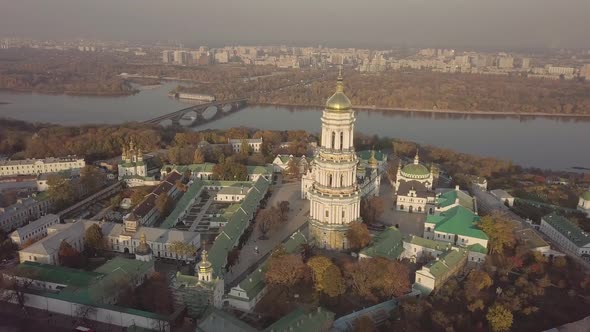 Aerial Kyiv Pechersk Lavra churches and monastery on hills of Dnipro river Ukraine