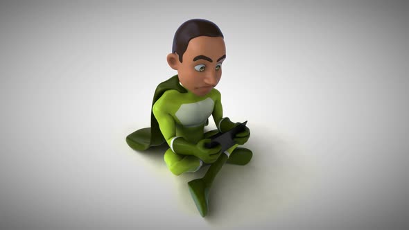 Fun 3D cartoon superhero typing on a laptop