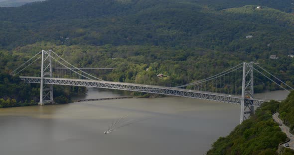 Boat on River and Bear Mountain Bridge Aerial Views