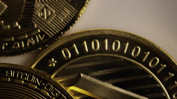 Rotating shot of Bitcoins (digital cryptocurrency) - BITCOIN MIXED 059