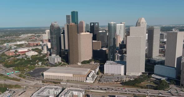 Drone view of downtown Houston skyline. This video was filmed in4k for best image quality.