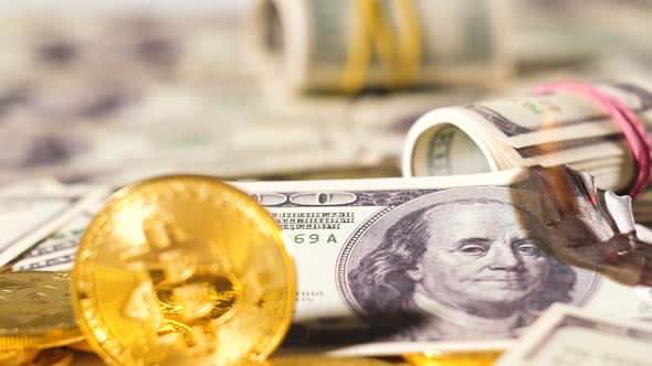 Slow Motion Coins Belong to Bitcoin Currency at Burning Dollar