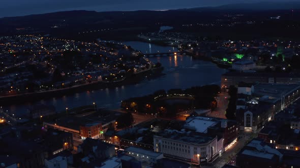 Fly Above City in Evening