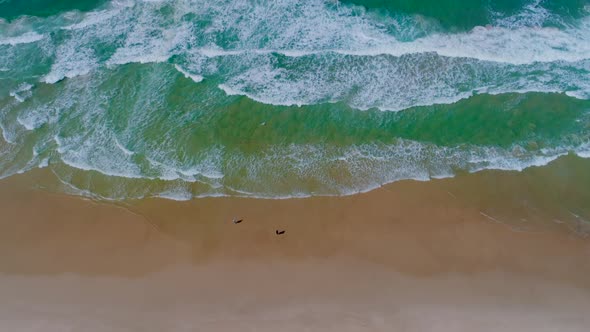 Aerial shot of beach and waves tilting up to show beautiful blue sky