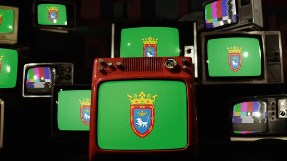 Flag of Pamplona, Spain, on Retro TVs.
