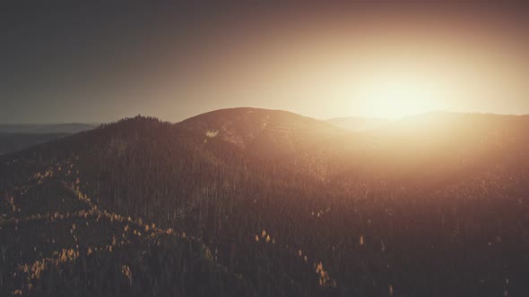 Sun Beam Mountainous Wood Peak Slope Aerial View