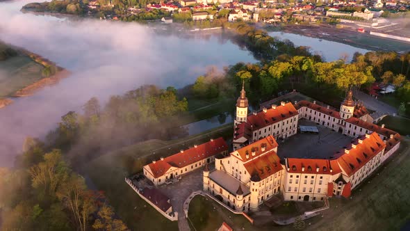 Amazing Dawn in the Foggy Nesvizh, Fog Over the River, Nesvizh, Ancient Castle, Belarus