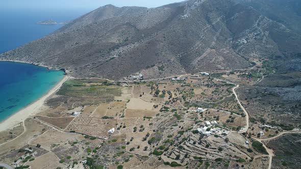 Mylopotas on the island of Ios in the Cyclades in Greece seen from the sky