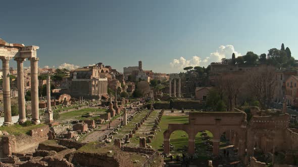 Time lapse of an ancient temple of Rome. Drone view of touristing around the ancient temple of Rome.